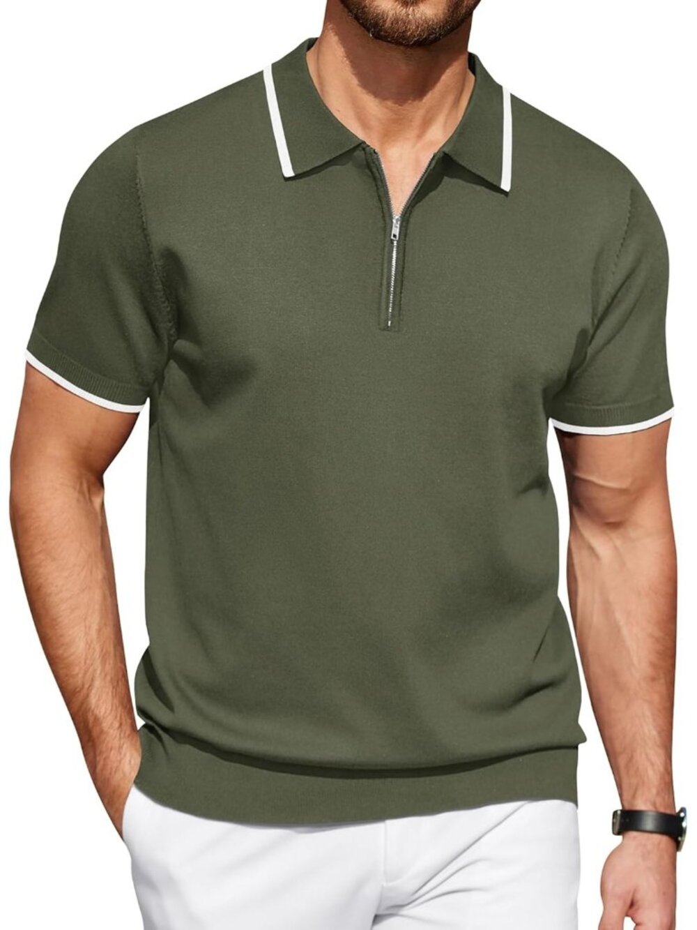 Men's E-army Green Zipper Polo Shirt Casual Knit Short Sleeve Classic Fit Tee St